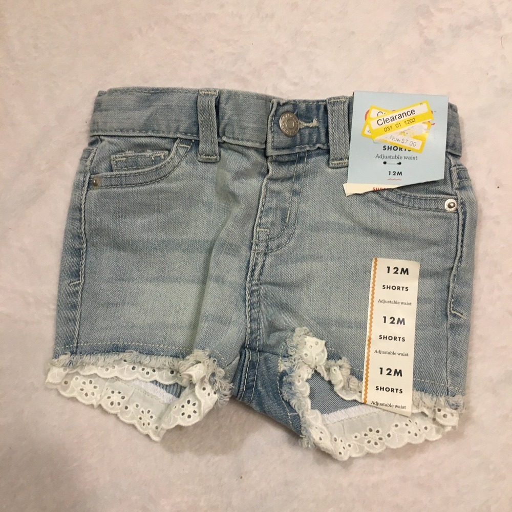 Cat & Jack Denim Shorts Baby Girls 12M Light Blue‎ NWT Eyelet Lace Trim
